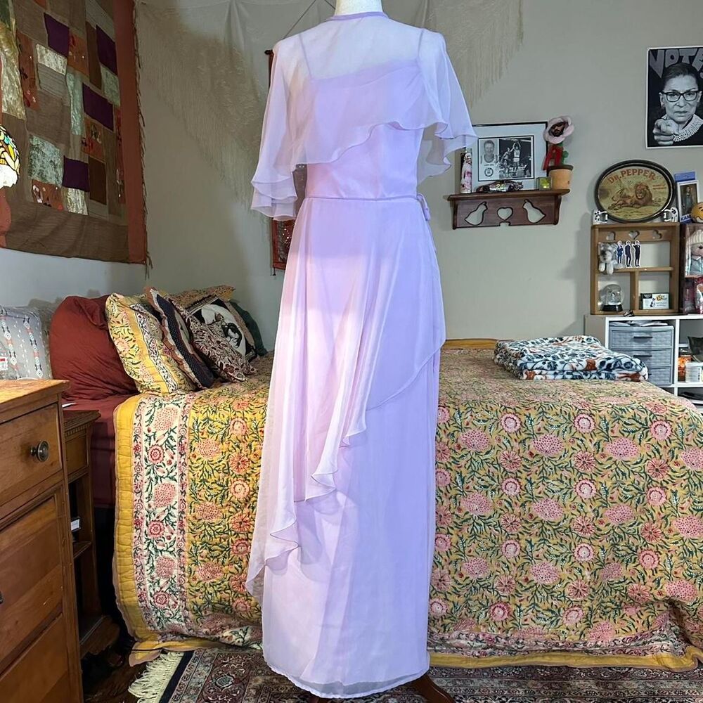 House of Bianchi 1960s Lilac Asymmetrical Silk Chiffon Dress w/ Silk Sheer Shawl